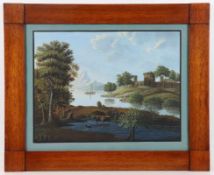 Künstler des 19. Jahrhunderts- Belebte Seelandschaft mit Booten und Häusern - Gouache/Papier. 39,5 x
