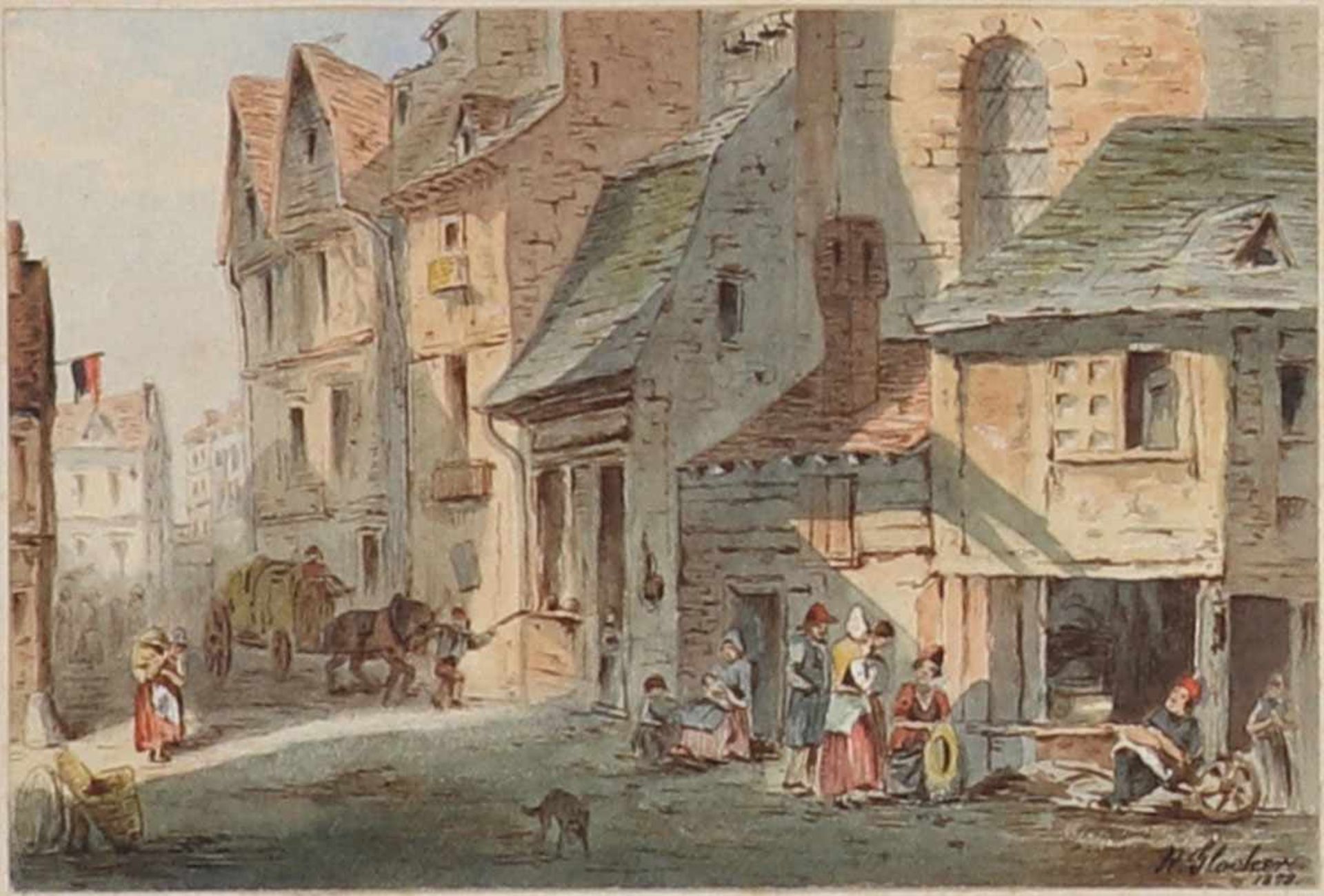 Richard GlockerKünstler des 19. Jahrhunderts. - Treiben in der Stadt - Aquarell/Papier auf Karton.