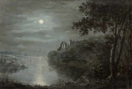 Künstler des 18. Jahrhunderts- Am Fluss bei Vollmond - Öl/Holz. 21 x 31 cm. Rahmen.
