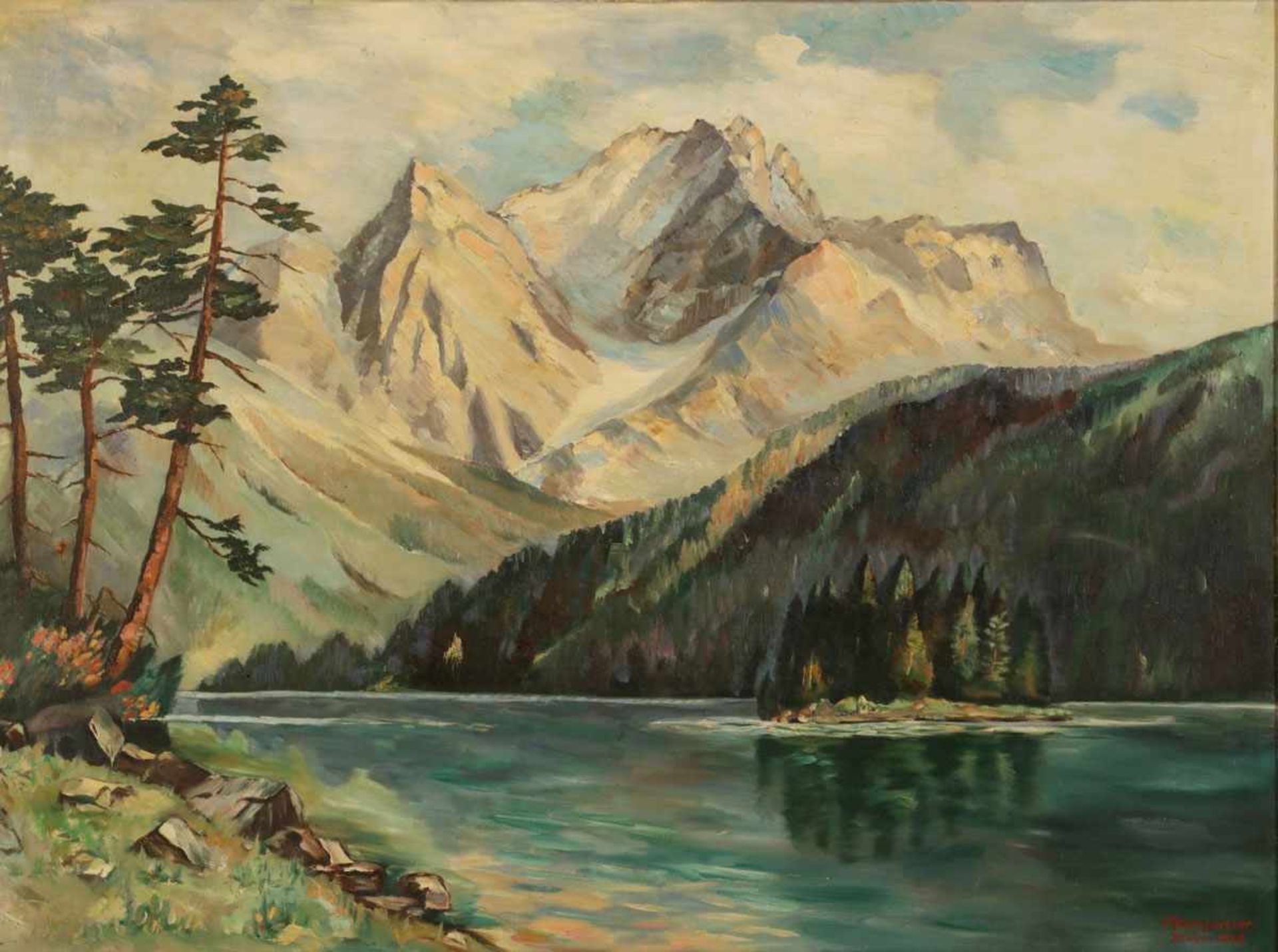 J. BaumgartnerMaler des 20. Jahrhunderts - "Eibsee" - Öl/Lwd. 85,4 x 115,5 cm. Sign. r. u.: J.