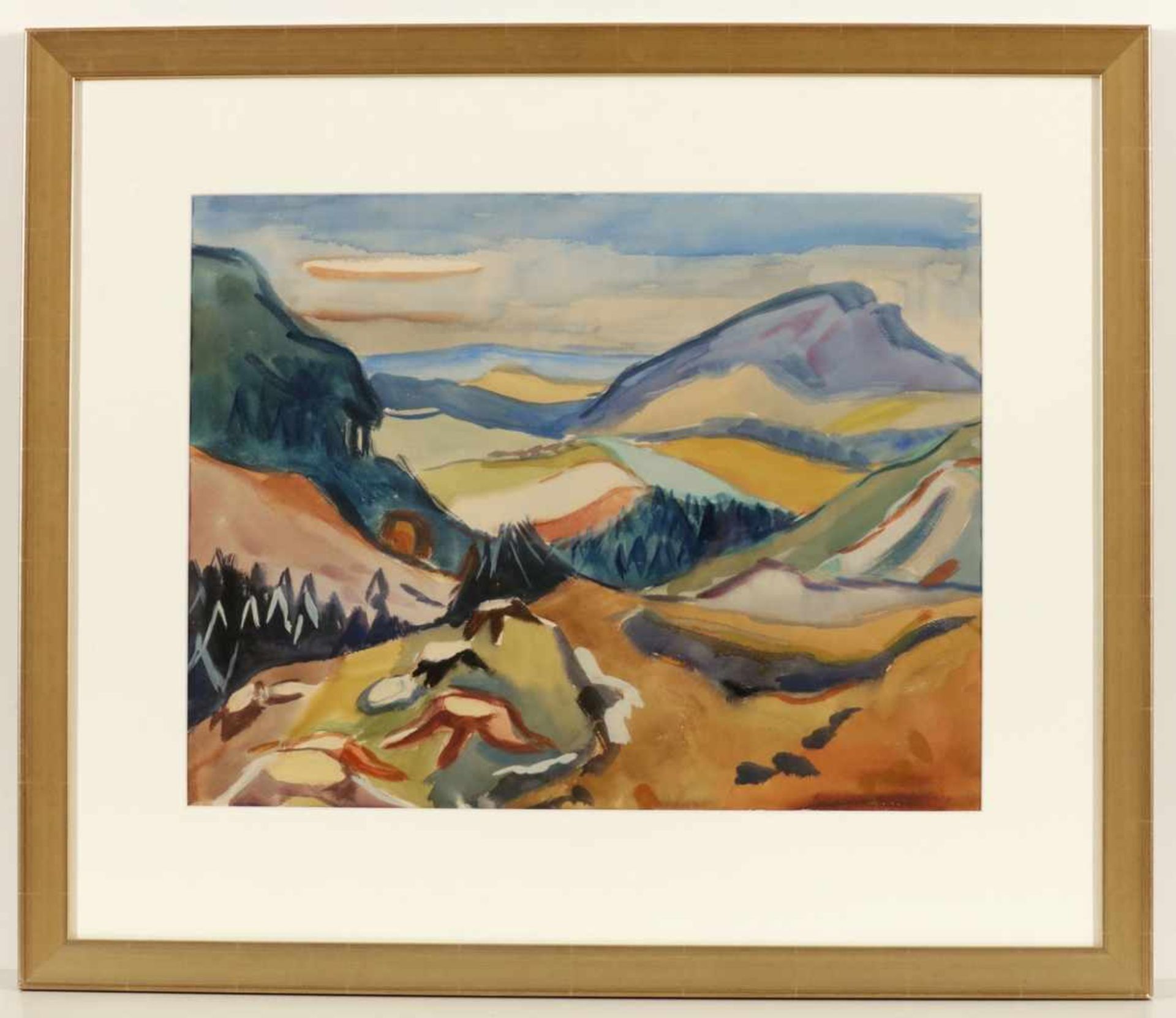 Ursula Voigtlaender1922 Hannover - lebt in Hannover - "Rhön-Landschaft" - Aquarell/Papier. 48 x 62 - Image 2 of 2