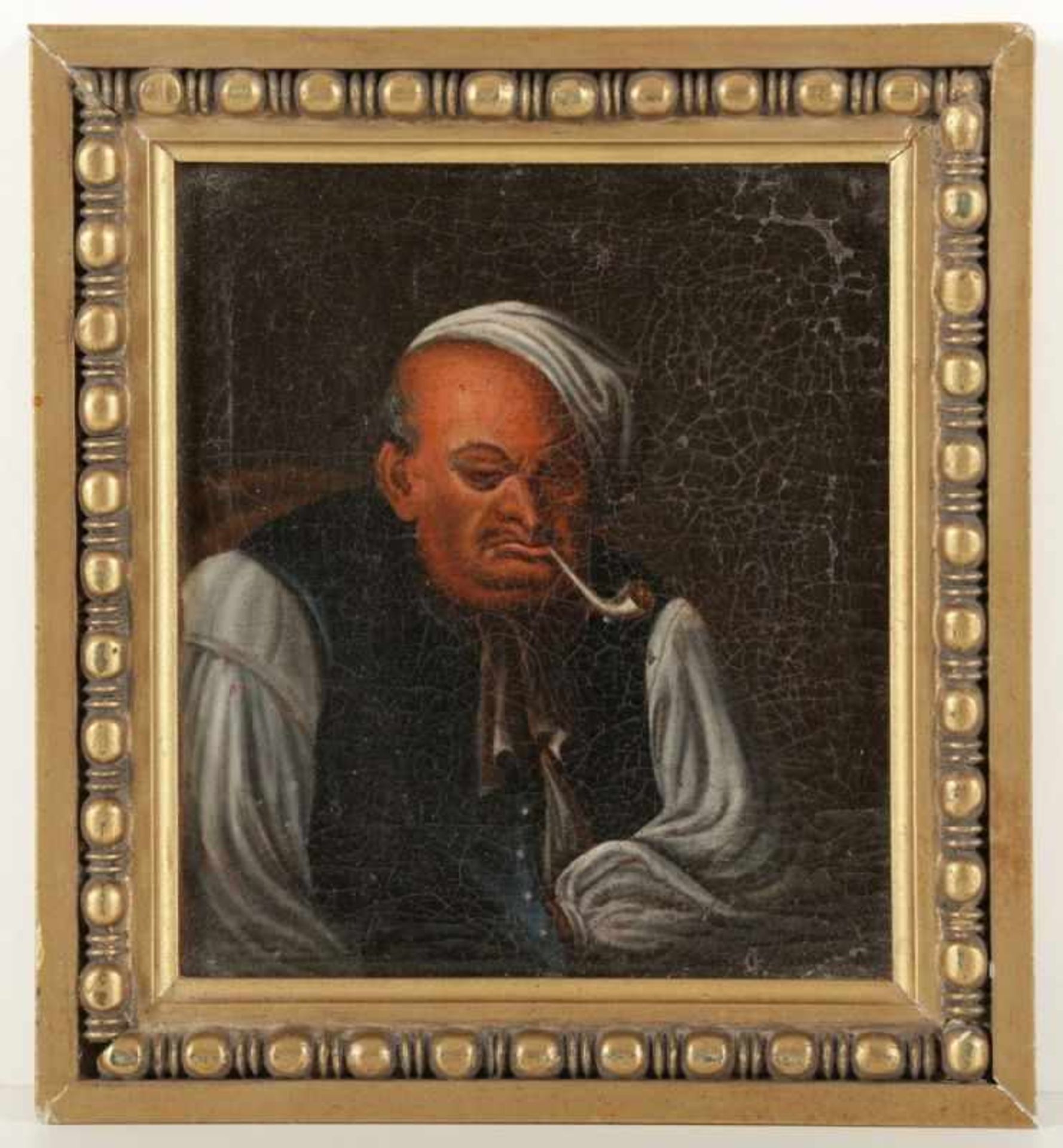 Künstler des 18. Jahrhunderts- Mann mit Pfeife - Öl/Lwd. Doubl. 19,5 x 17,5 cm. Rahmen. Krakelee. - Bild 2 aus 2