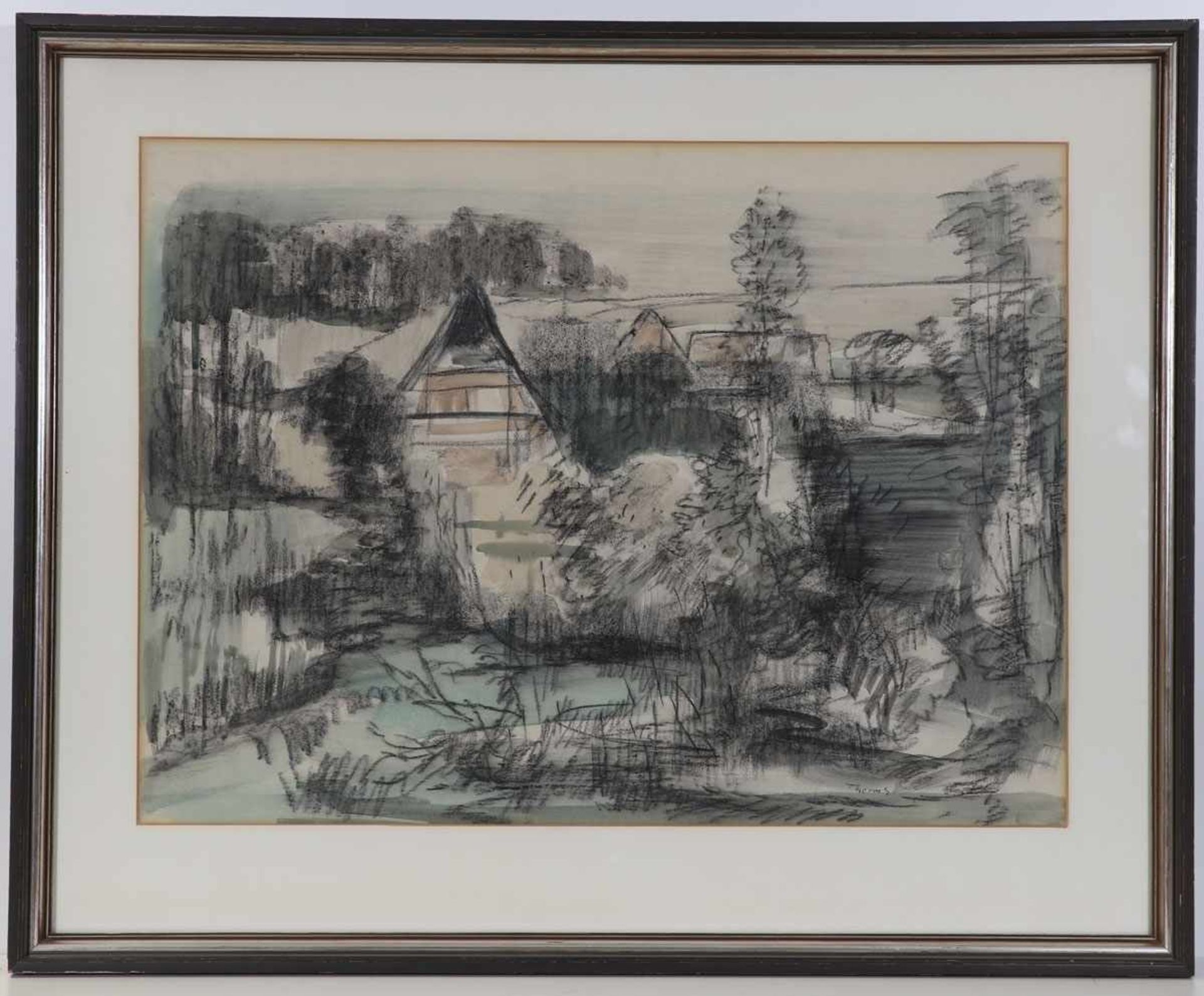 Ernst Thoms1896 Nienburg - 1983 Langeln-Wietzen - Landschaft mit Häusern - Aquarell und Kohle/ - Bild 2 aus 2