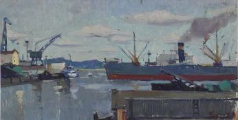 Russischer Künstler des 20. Jahrhunderts- Hafen von Archangelsk am Weißen Meer - Öl/Karton. 25,2 x