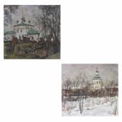 Künstler des 20. Jahrhunderts- Russische Landschaft mit Kirche - Öl/Lwd. 46,5 x 48,5 cm. - Stadtrand