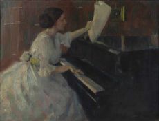Josef Kühn jr.1872 Mannheim - 1933 München - Dame am Klavier - Öl/Holz. 51,3 x 67,8 cm. Sign. r. u.: