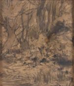 Künstler des 19. Jahrhunderts- Galantes Paar in Landschaft - Tusche/Papier. 19,5 x 16,7 cm.