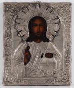 IkoneRussland, 20. Jahrhundert. - "Christus Pantokrator" - Tempera/Holz. Metalloklad. 21,5 x 17,5