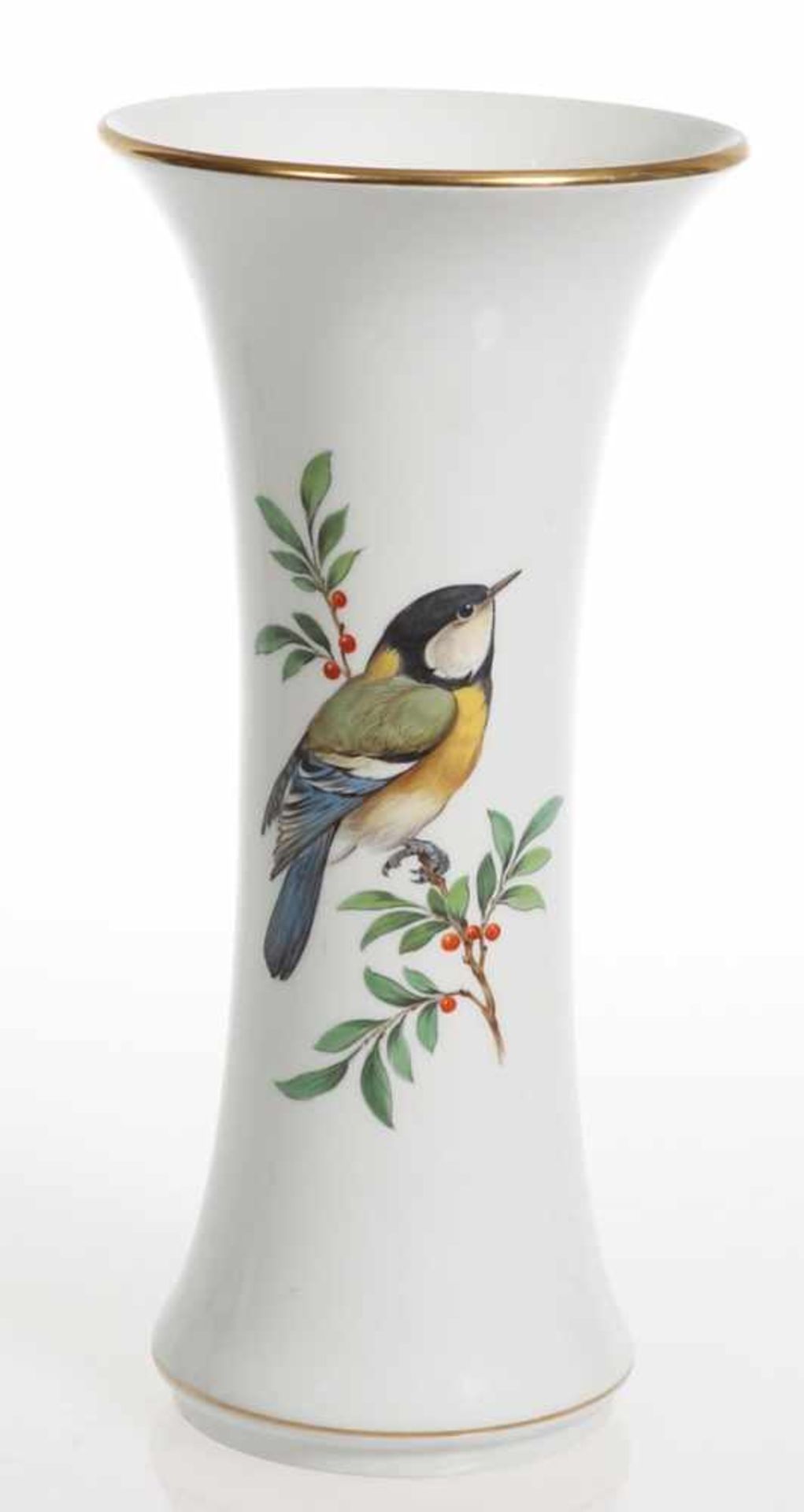 VaseStaatliche Porzellan Manufaktur, Meissen 1970. - Vogelmalerei: Kohlmeise - Porzellan, weiß,