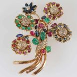 Große dekorative Blütenbrosche mit Saphiren, Rubinen, Smaragden und Diamanten750/- Gelbgold und