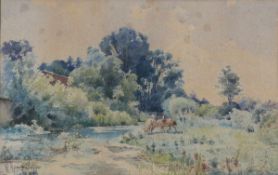 Nikolai Dmitrievich Prokofiev1866 - 1912 - Flusslandschaft mit zwei Pferden am Ufer - Aquarell/