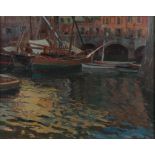 Carl O'Lynch of Town1869 Ljubljana - 1942 Genua - "Abend im Hafen von Camogli" - Öl/Lwd. 50,5 x 63,5