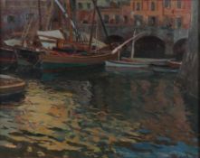 Carl O'Lynch of Town1869 Ljubljana - 1942 Genua - "Abend im Hafen von Camogli" - Öl/Lwd. 50,5 x 63,5