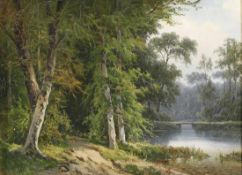 Russischer Künstler des 19. Jahrhunderts- Bewaldetes Ufer - Öl/Lwd. 24 x 32,5 cm. Rahmen. Erinnert