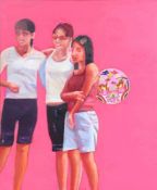 Ukn Lee1963 Seoul - "girls, girls, girls" - Öl/Seide. 60,5 x 50 cm. Rahmenleiste.