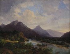 Künstler des 19. Jahrhundert- Romantische Landschaft - Öl/Lwd. 24 x 30 cm. Rahmen. Krakelee.