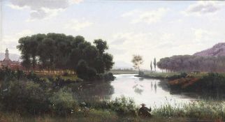 Rudolf von Türcke1839 Meiningen - 1915 Dresden - Thüringische Flusslandschaft mit Angler - Öl/Lwd.