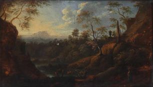 Künstler des 18. Jahrhunderts- Romantische Flusslandschaft - Öl/Holz. 17,5 x 30,5 cm. Rahmen.