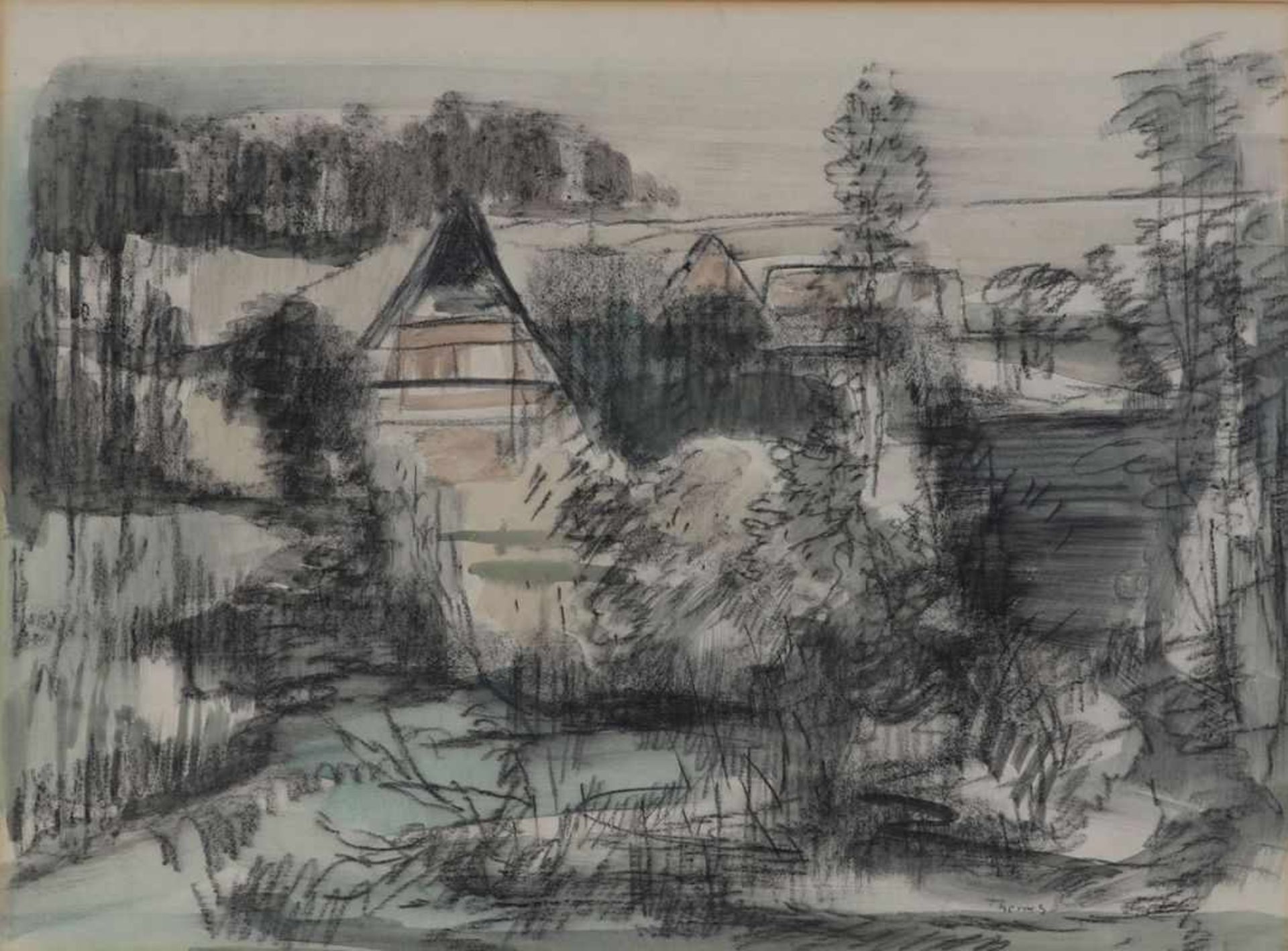Ernst Thoms1896 Nienburg - 1983 Langeln-Wietzen - Landschaft mit Häusern - Aquarell und Kohle/
