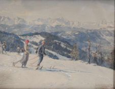 Edward Theodore Compton1849 Stoke Newington - 1921 Feldafing - Alpine Skifahrer - Aquarell/Karton.