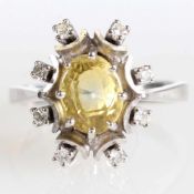 Gelber Saphir-Ring mit Diamanten585/- Weißgold, gestempelt. Gewicht: 7,5 g. 1 gelber Saphir im