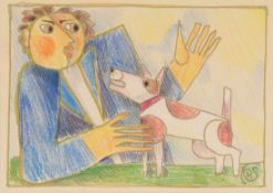 Peter Strang1936 Dresden - Mann mit Hund - Mischtechnik (Farbkreiden, Blei- und Goldstift)/