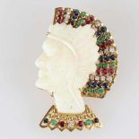 Indianerkopf - Große Opal-Brosche /-Anhänger mit Rubinen, Saphiren, Smaragden undBrillanten 585/-