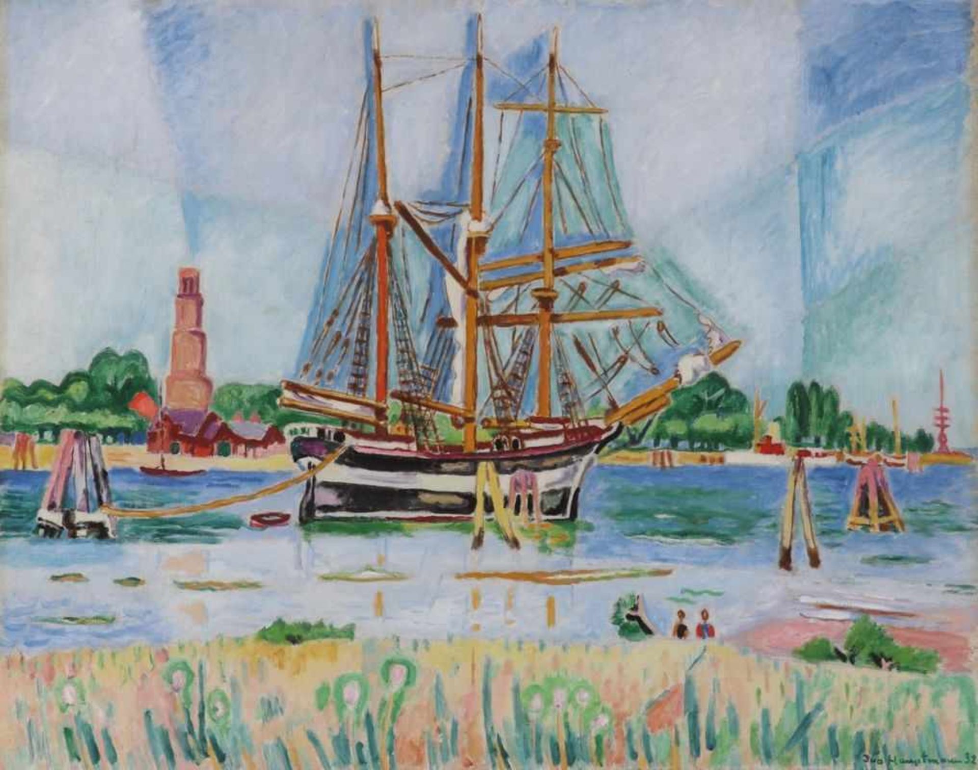 Ivo Hauptmann1886 Erkner - 1973 Hamburg - "Segelschiff vor Travemünde" - Öl/Lwd. 74 x 92,5 cm. Sign.