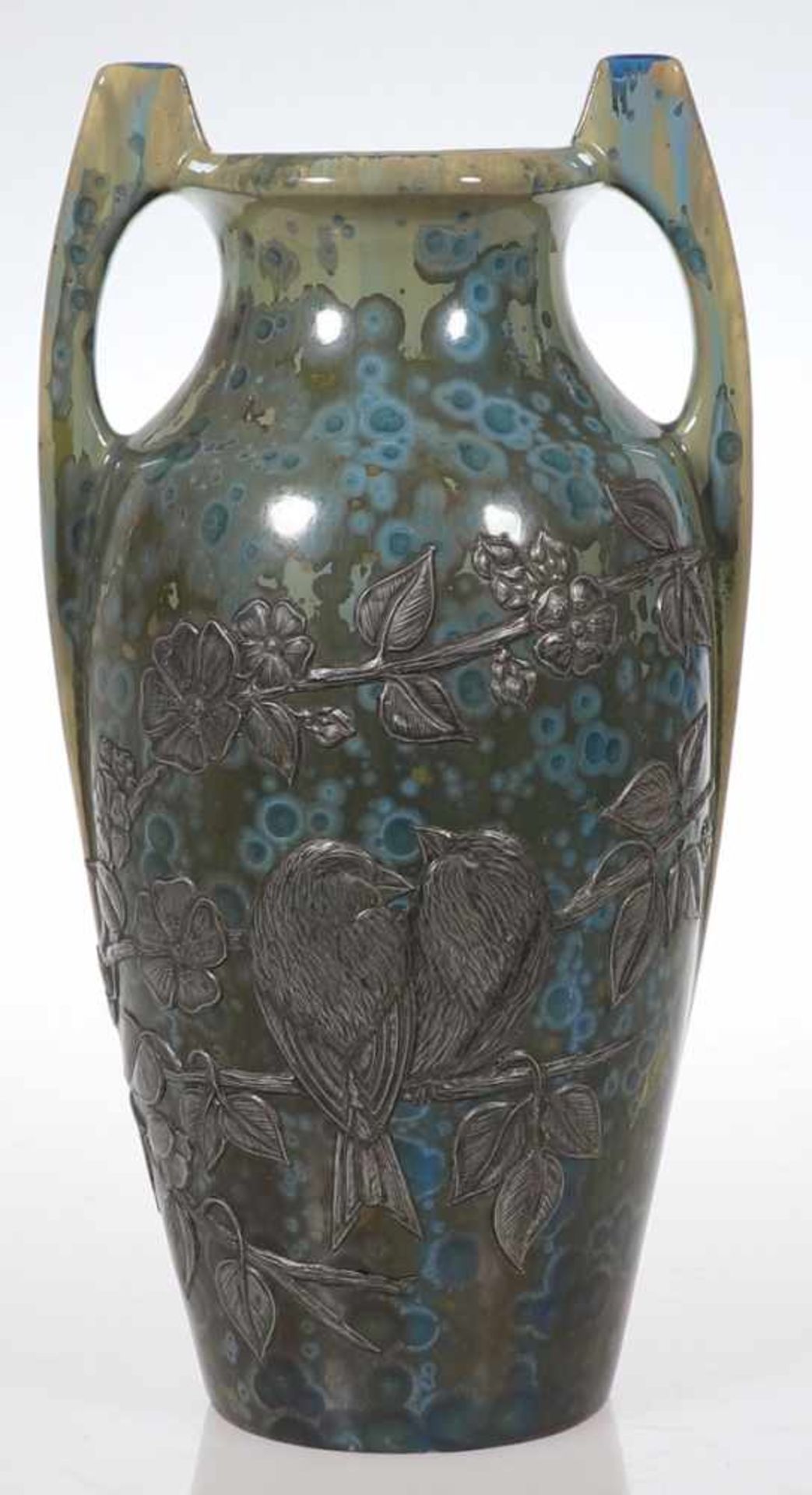 Jugendstil Henkelvase mit SilberauflageFaiencerie Héralduíque de Pierrefonds, 1920er Jahre - Entwurf