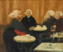 Gerhard Janssen1863 Kalkar - 1931 Düsseldorf - Bäuerinnen im Café - Öl/Lwd. 42 x 54 cm. Sign. r. u.: