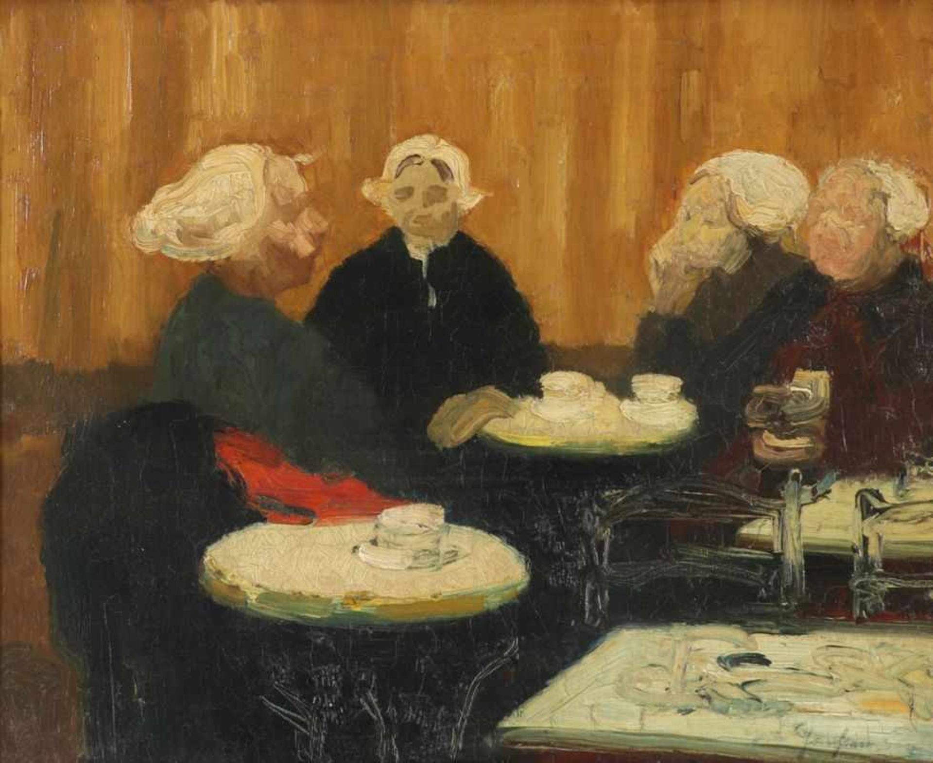 Gerhard Janssen1863 Kalkar - 1931 Düsseldorf - Bäuerinnen im Café - Öl/Lwd. 42 x 54 cm. Sign. r. u.: