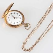 Damentaschenuhr mit Kette585/- Roségold, gestemp. Gewicht (Uhr): 21,3 g. Zwei-Deckel-Gold, Ein-