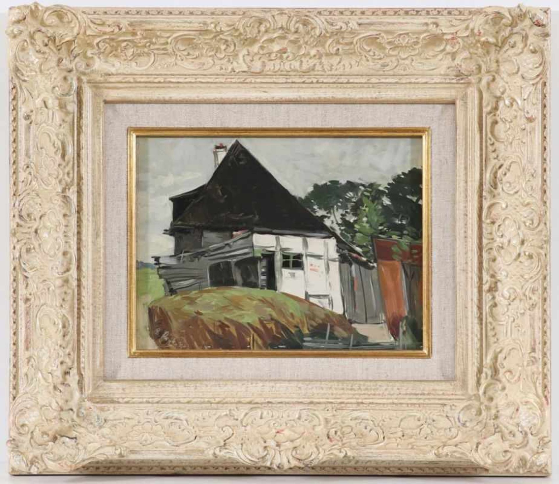 Robert Koepke1893 Bremen - 1968 Frankenburg - Bauernhaus mit Scheune - Öl/Hartfaser. 19,8 x 26,3 cm. - Bild 2 aus 2