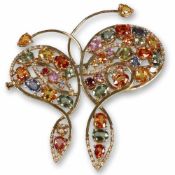 Große Schmetterling-Brosche mit farbigen Saphiren und Diamanten750/- Gelbgold, gestempelt.