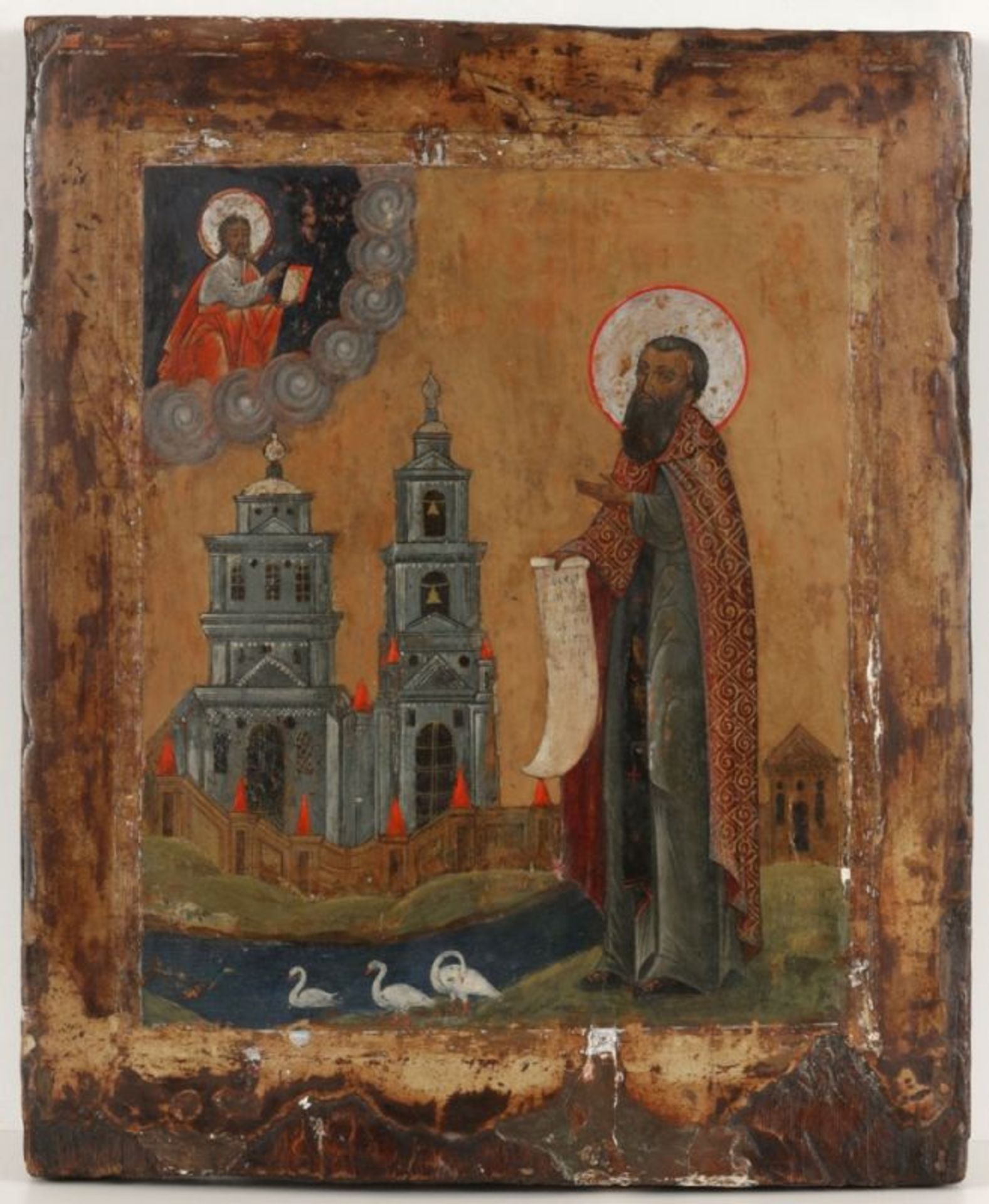 IkoneRussland, 19. Jahrhundert. - "Heilige Feodosij" - Tempera/Holz. 43 x 35 cm. Zwei (fehlende)
