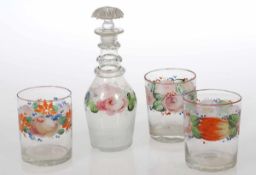 3 Bechergläser und 1 Karaffe mit StöpselUm 1840. - Blütenband - Farbloses Glas. Umlaufende