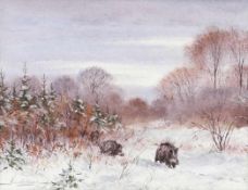 Helmuth Snethlage1925 - 2011 - Wildschweine im Schnee - Öl/Lwd. 29,5 x 39,5 cm. Sign. l. u.: