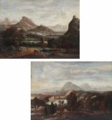 Flämischer Künstler des 18. Jahrhunderts- Paar Fantasielandschaften - Öl/Holz. He 31 x 42 cm.