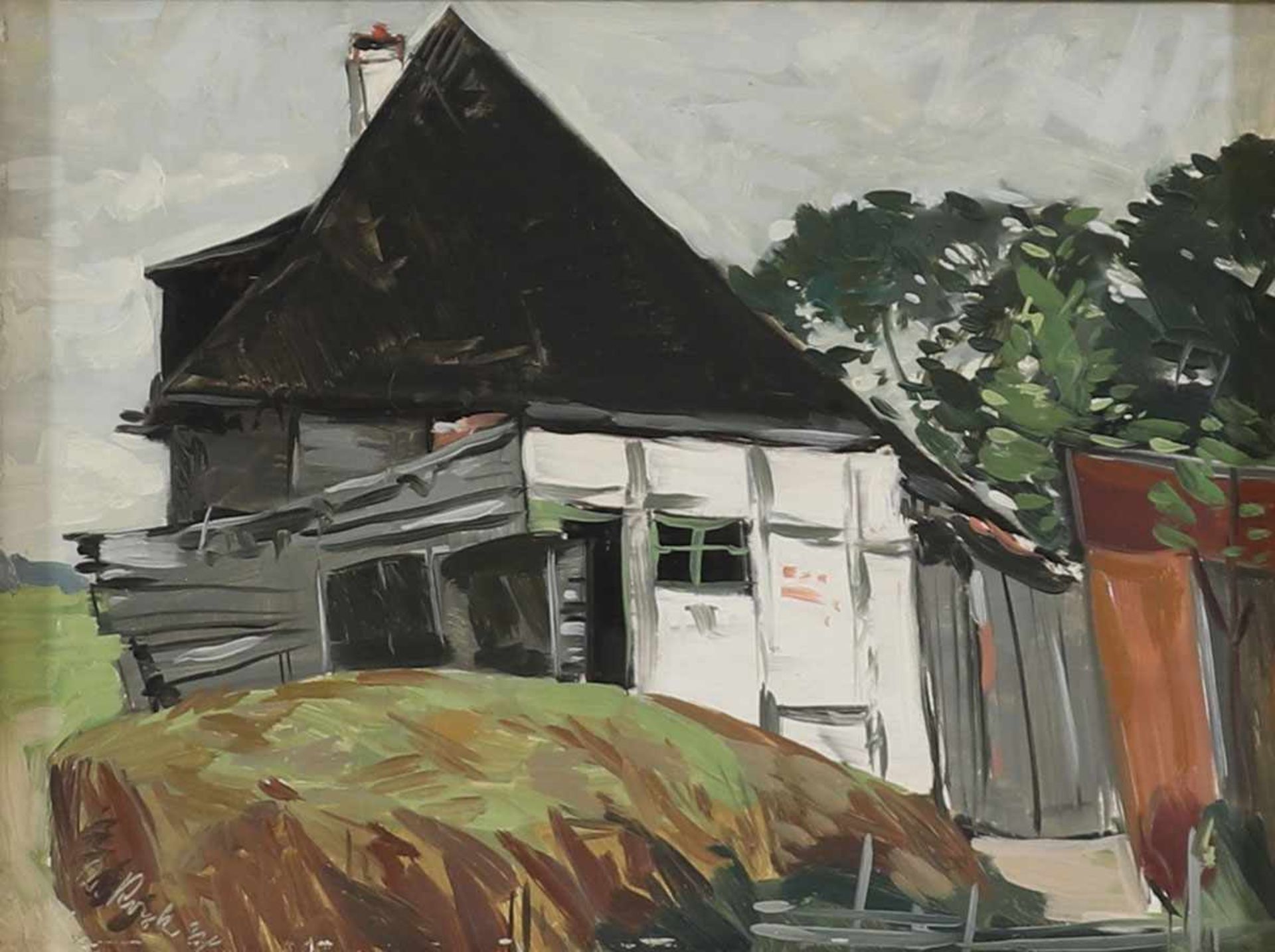 Robert Koepke1893 Bremen - 1968 Frankenburg - Bauernhaus mit Scheune - Öl/Hartfaser. 19,8 x 26,3 cm.