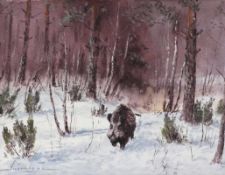 Helmuth Snethlage1925 - 2011 - Keiler im Winterwald - Öl/Lwd. 29,5 x 39,5 cm. Sign. l. u.:
