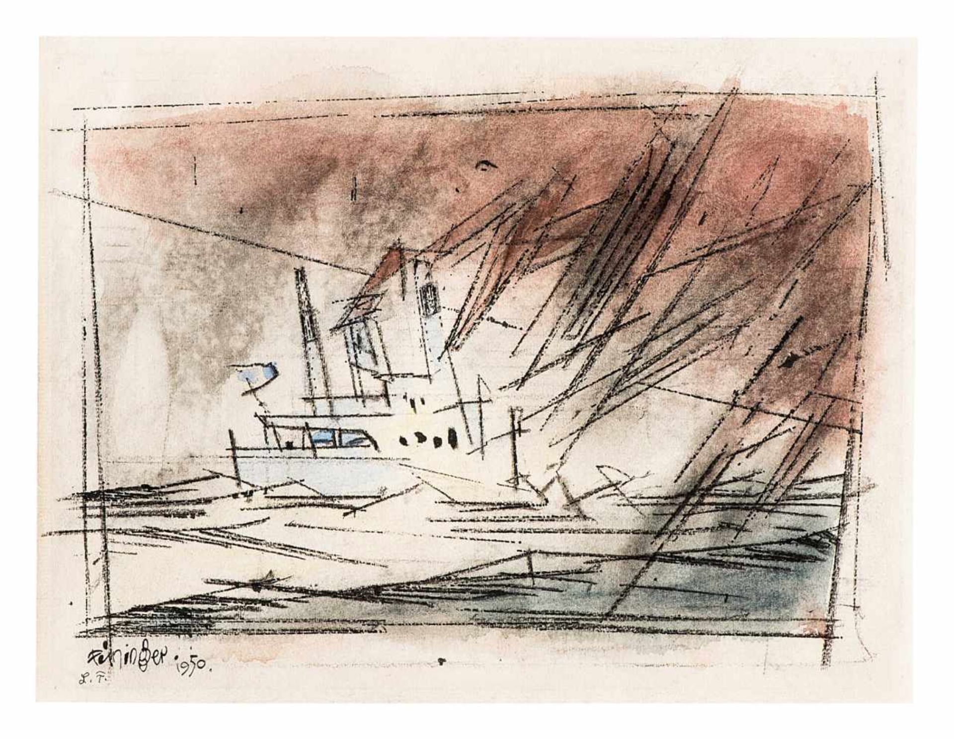 Feininger, Lyonel1871 New York - 1956 ebd.Dampfschiff.Aquarell und Kohle auf Papier, am oberen