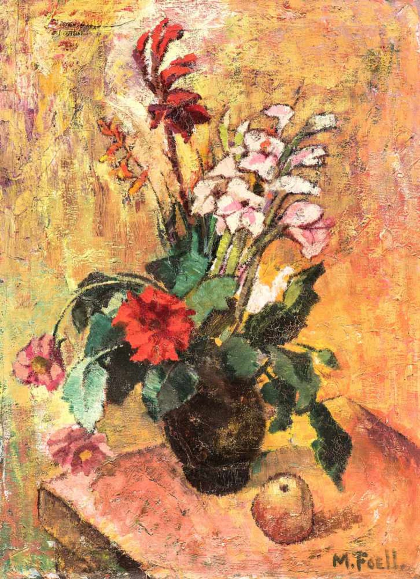 (Hiller-)Foell, Maria1880 Odessa - 1943 Stuttgart.«Blumen». Sommerblumenstrauß mit Apfel.Öl auf