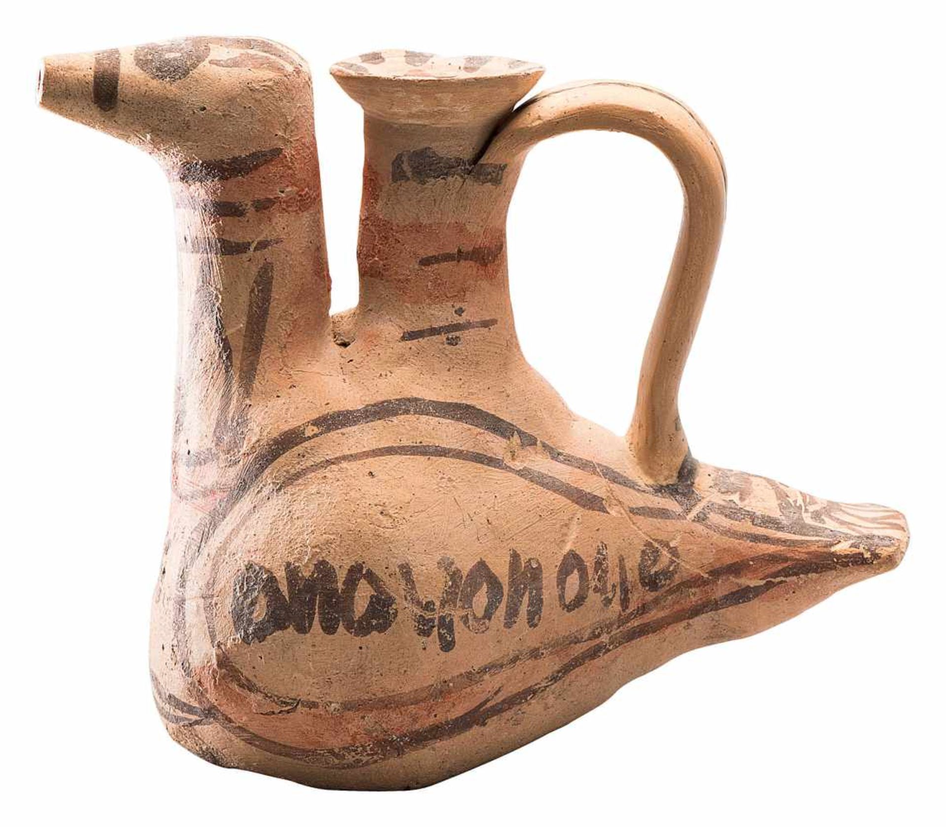 Daunischer Askos in Gestalt eines Vogels6. Jh. v. Chr. Sandfarbener Scherben, braun und rot - Bild 2 aus 2