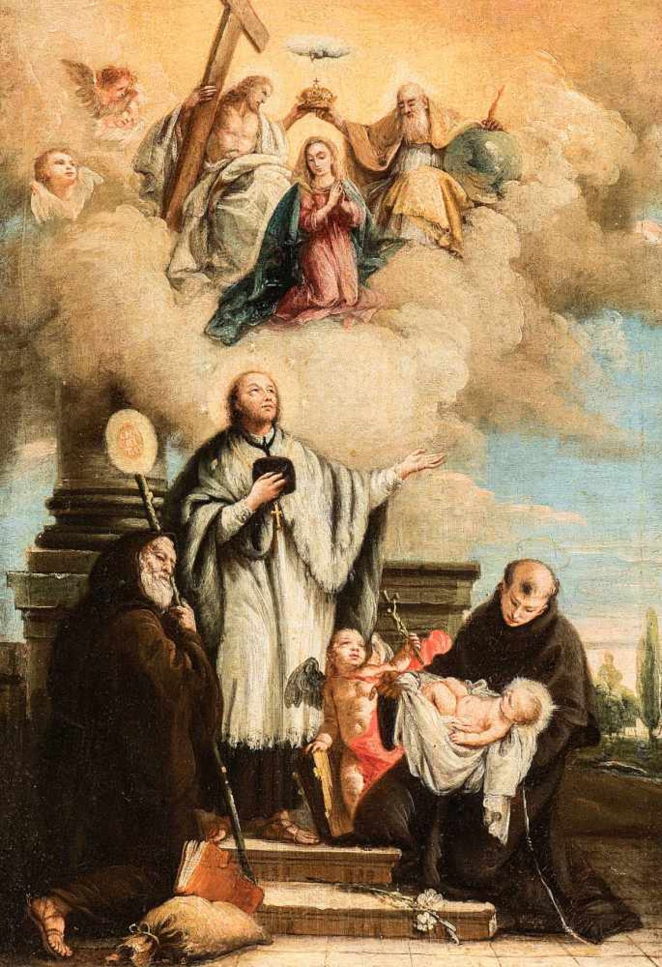 Österreichische Schule18. Jh.Vision der Krönung Mariens der drei Heiligen Nepomuk, Franz von Paola