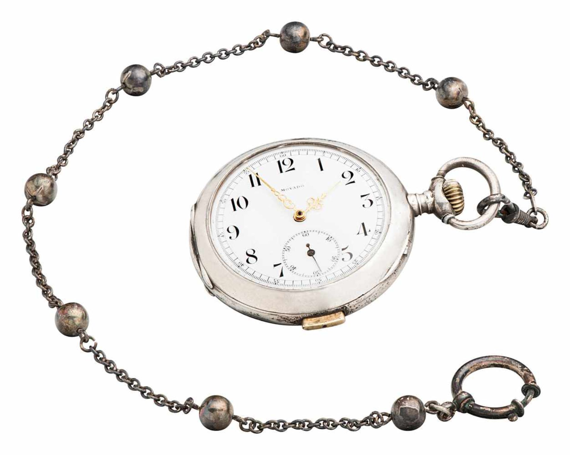 Movado Herrentaschenuhr mit Schlagwerk und KetteLa Chaux-de-Fonds um 1910. Silber 800 (Uhr) und