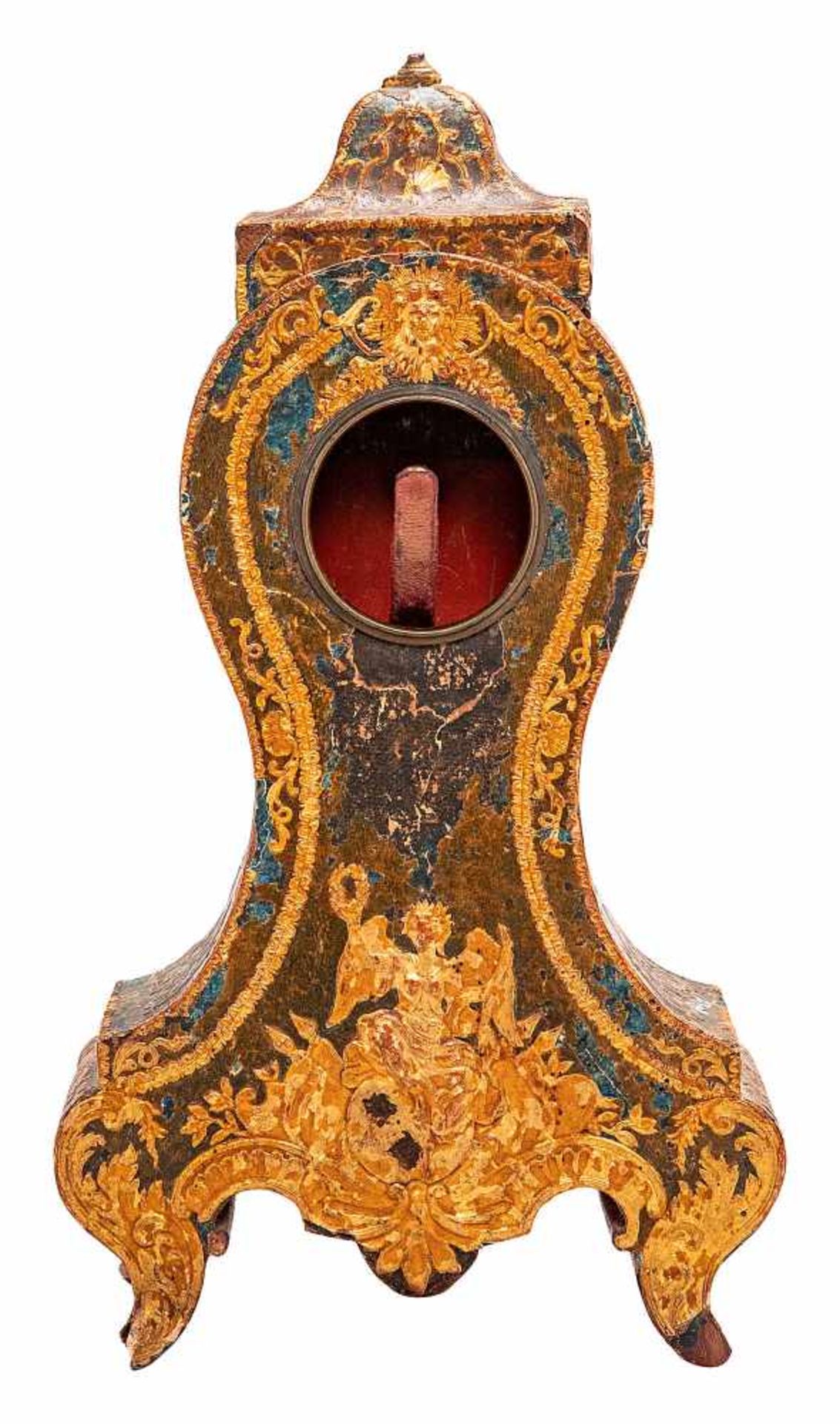 Taschenuhrständer in Form einer PenduleFrankreich um 1740. Holz, geschnitzt, über Stuckatur farbig