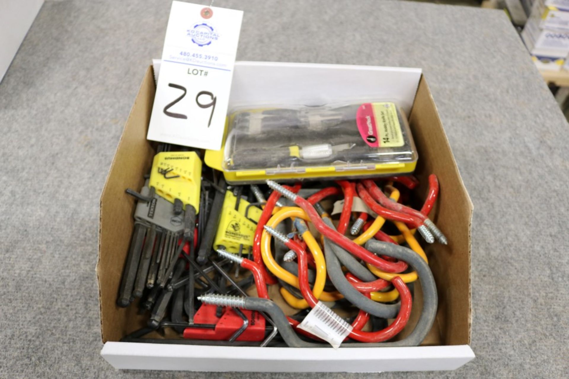 Box of Allen Keys, Shop Hooks, Crescent Wrench and Exacto Knife Kit - Image 6 of 6