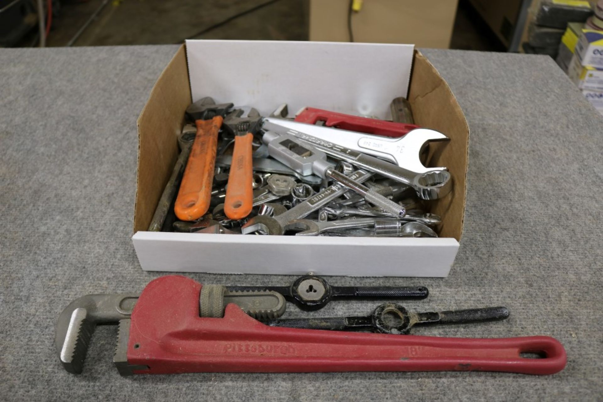 Box of Wrenches, Sockets, Pttsburg 18" Pipe Wrench and Pipe Threading Tool with Attachements