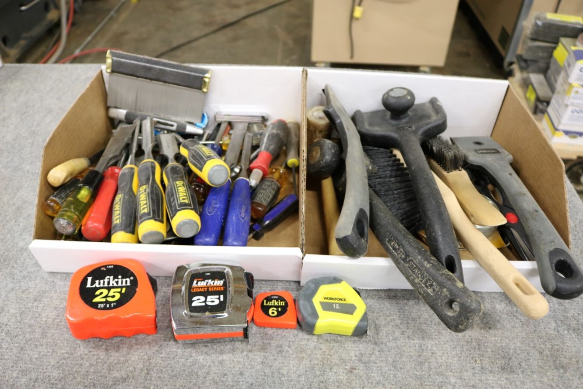 2 Boxes fo Various Tools, Chisels, Screw Drivers, Flatheads, Tape Measurers, Box Cutters,
