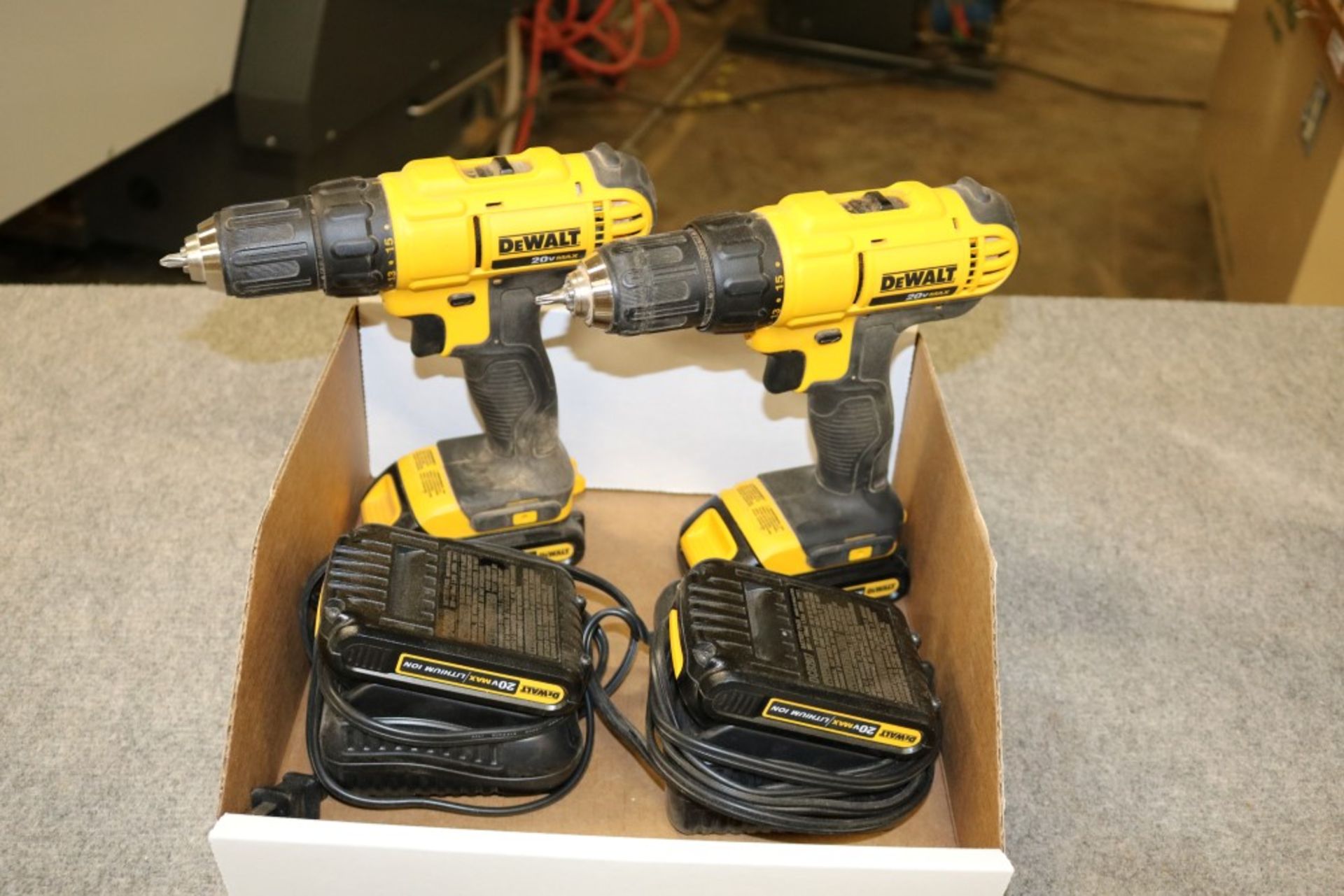 (2) DeWalt 20v Max Lithium Ion Drills with 2 Extra Batteries with Chargers and Bag - Image 5 of 8